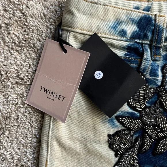 TWINSET Milano Women’s Blue Tie-Dye Barrel-Leg Embroidered Designer Jeans Sz 27 - Picture 3 of 6